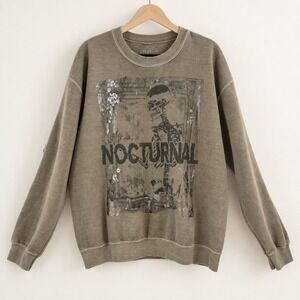 Social Collision Nocturnal Skeleton Graphic Sweatshirt Men S/M Grunge Goth Olive